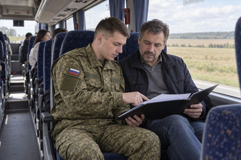 Иллюстрация: военнослужащий в автобусе показывает мужчине документы в папке