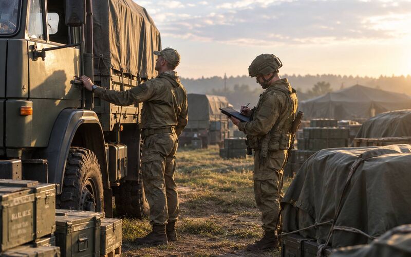 Иллюстрация: водитель у армейского грузовика и военнослужащий с планшетом на полевом складе